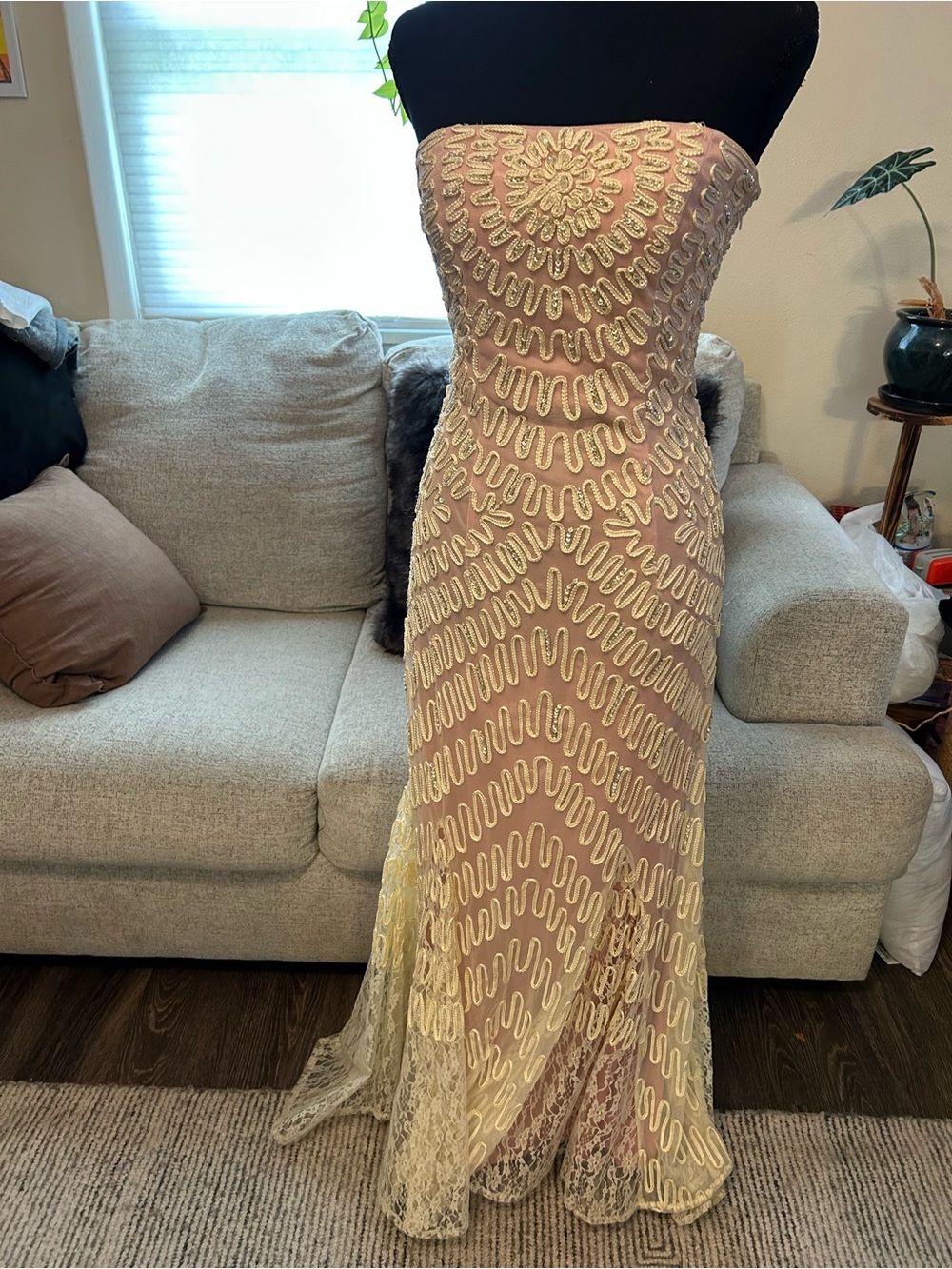 Camille La Vie Vintage Nude Gold Sequin Beaded Strapless Mermaid Maxi Formal